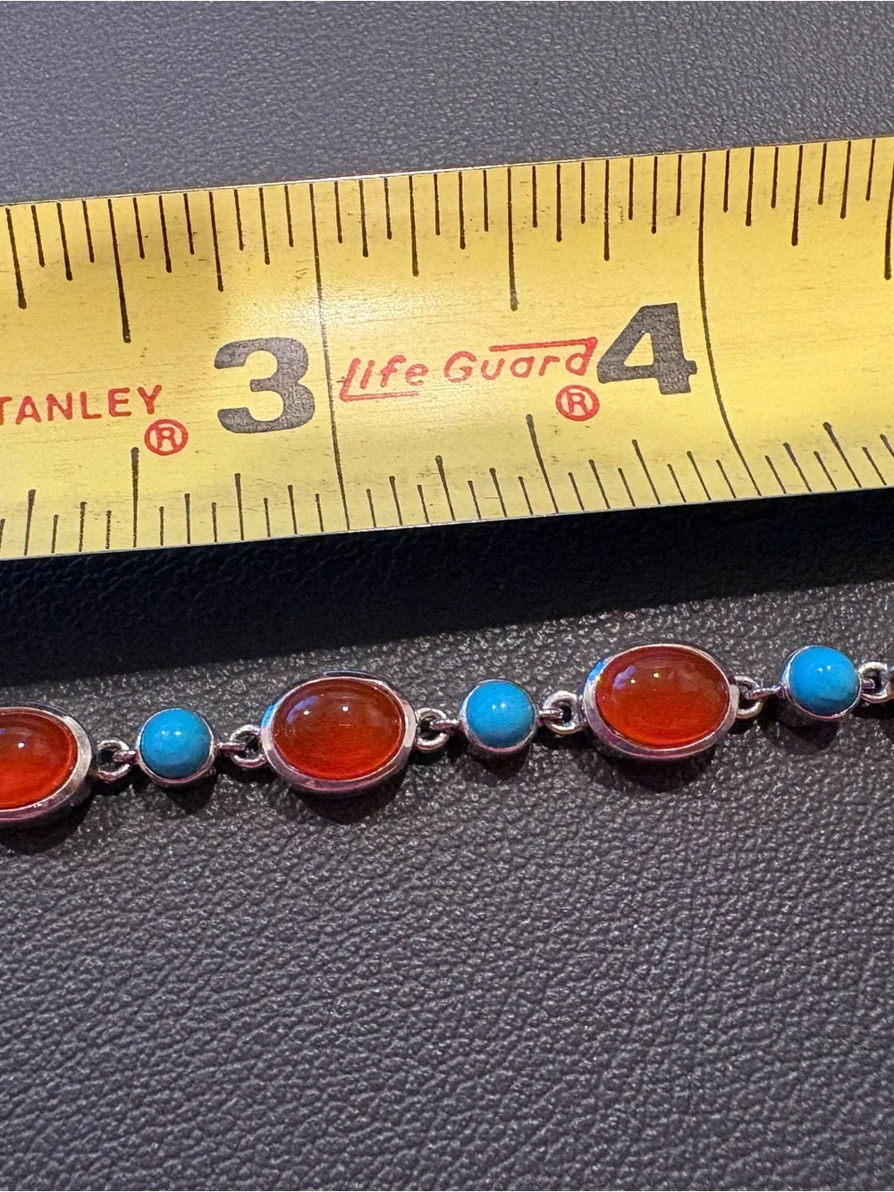 Sterling Silver Bracelet with Orange Carnelian and Turquoise cabochons